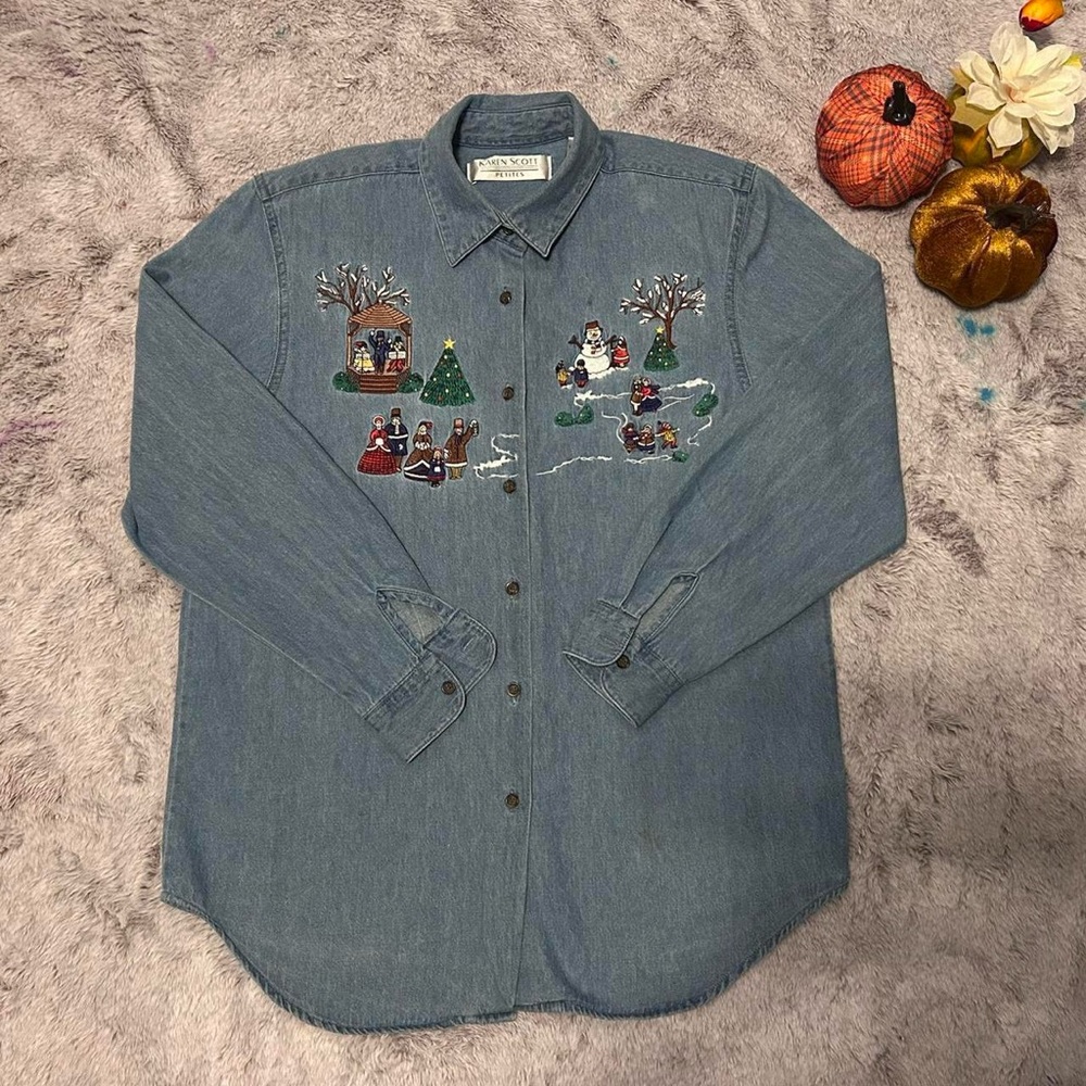 Karen Scott Blue Denim Shirt with Holiday Embroidery